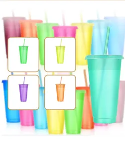 24oz glitter plastic straw cup detail view, large capacity cold drink tumbler with lid and straw.