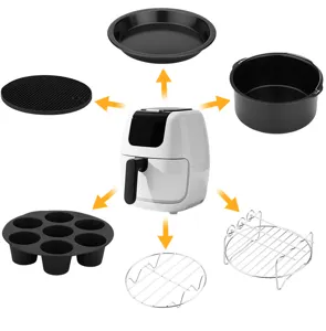 Détail du set d'accessoires de friteuse sans huile avec plat, tapis et grilles.