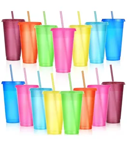 Details of colorful glitter plastic cold cups with straws, showing vibrant color options.