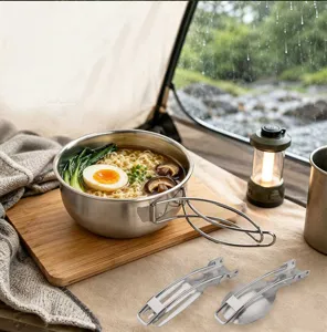 Stainless steel camping pot and foldable cutlery detail scene for outdoor hiking and cooking gear.