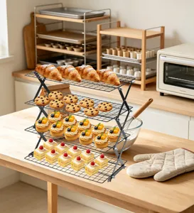 Foldable 4-layer wire cooling rack for baking bread cookies and cakes in home kitchen.