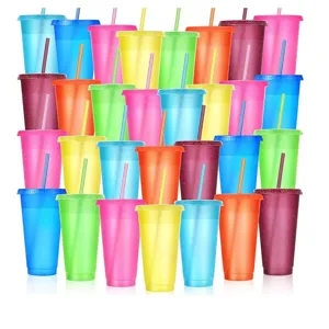 24oz glitter plastic tumbler with straw and lid colorful reusable cold drink cup set detail