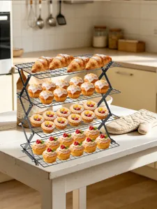 4-tier foldable cooling rack for baking, metal wire grid for bread and pastries in kitchen.