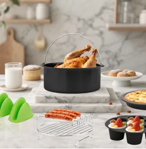 Ensemble d'accessoires pour friteuse sans huile avec plat de cuisson grille et gants.
