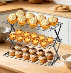 Detail of 3-tier folding cooling rack with wire grid, perfect for baking pastries and cupcakes.