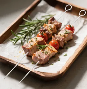 Spiedini per barbecue in acciaio inossidabile con manico ad anello, perfetti per grigliare.