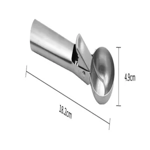 Stainless steel ice cream scoop detail view showing length 18.2cm and bowl width 4.9cm.