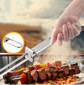 Stainless steel BBQ skewer with push slider and ring handle, ideal for outdoor grilling.