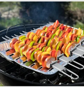 Stainless steel BBQ skewers double prong roasting forks grilling tool set for outdoor camping barbecue.