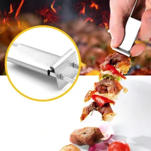 Stainless steel BBQ skewer tool with pusher slider for easy outdoor grilling meat and vegetables.
