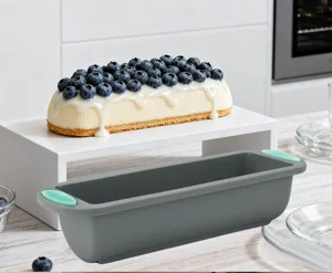 Silicone loaf pan detail view, flexible baking mold for bread and cake, non-stick kitchen tool.