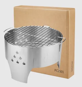 Vue détaillée du barbecue portable en acier inox, poêle à charbon pour le camping en plein air.