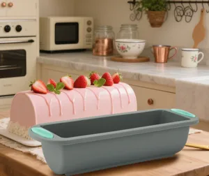 Detail view of grey silicone loaf pan with handles, perfect for baking bread and delicious cakes.