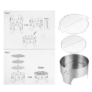 Feu de Camp Portable en Acier Inoxydable 14 Pouces BBQ Grill de Camping Extérieur
