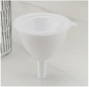 White plastic kitchen funnel set detail shot, durable PP material for oil and wine pouring.