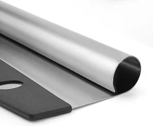 Stainless steel pizza rocker knife detail, sharp half moon dough cutter blade close up