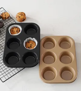 Large 6-cup non-stick muffin pan and baking mold detail view in black and champagne gold.