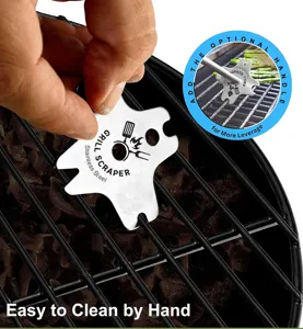 Stainless steel grill scraper for BBQ cleaning, heavy duty tool with ergonomic design.