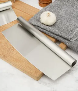 Stainless steel pizza cutter rocker blade detail view, durable kitchen dough cutting tool close up