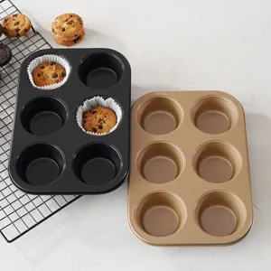 Large 6-cup muffin baking pan, non-stick champagne gold and black cake mold for oven.