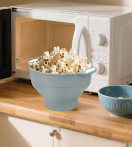 Bol à popcorn en silicone pliable avec couvercle, outil de cuisson résistant micro-ondes.