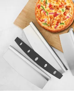 Stainless steel pizza cutter half-round rocking knife dough scraper kitchen tool detail