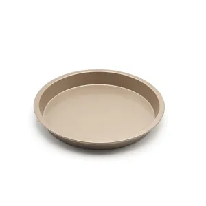 Golden round non-stick baking pan for pizza and cake, kitchen metal bakeware tool.