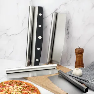 Stainless steel pizza cutter rocker knife and dough scraper set for kitchen cooking and baking.