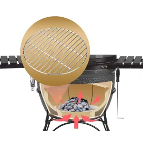 Gedetailleerd overzicht van de verdikte roestvrijstalen barbecuegrill en luchtstroom.