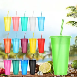 24oz Color Changing Reusable Plastic Tumbler with Straw and Lid Cold Drink Cup Party Travel
