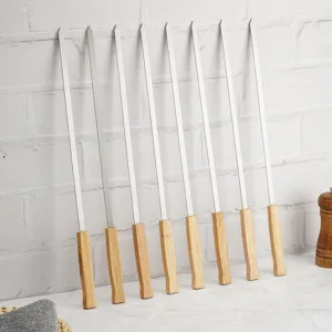 Stainless steel BBQ skewers set with wooden handles for outdoor grilling and meat shashlik cooking