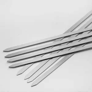 Stainless steel BBQ skewers set for outdoor grilling, durable flat metal meat sticks.