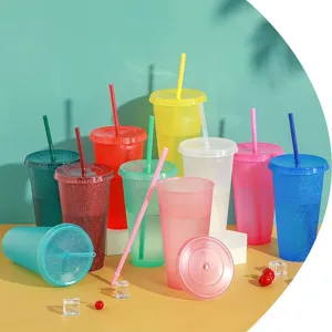 24OZ Glitter Straw Cup Reusable Plastic Tumbler Large Capacity Cold Drink Juice Cup Set