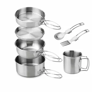 Stainless Steel Camping Cookware Set Portable Outdoor Mess Kit Pot Pan Cup Folding Spoon Fork Hiking Picnic Tableware