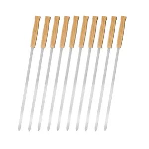 Stainless steel barbecue skewers with thick wooden handles, ideal for outdoor BBQ and grilling parties.