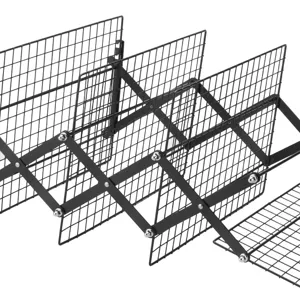 Collapsible black metal wire cooling rack and folding grid storage shelf for kitchen baking.