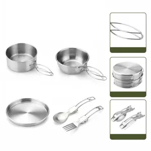7-piece stainless steel outdoor camping cookware set portable folding pots and tableware