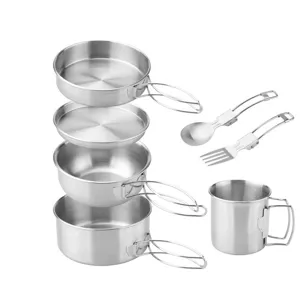Stainless steel camping cookware set, 7-piece portable outdoor pots, plates and cutlery kit.