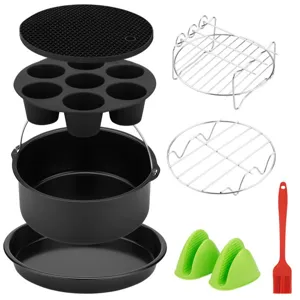 Kit d'accessoires pour friteuse sans huile avec moule à gâteau, plaque à pizza et grilles.