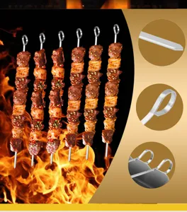 Stainless steel BBQ skewers set with flat design and ring handle for outdoor camping grilling.