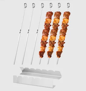 Stainless steel BBQ skewers and grill rack details, durable metal barbecue tools for outdoor camping.