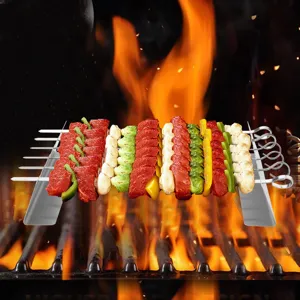 Stainless steel BBQ grill rack set with metal skewers for outdoor camping cooking