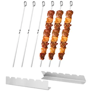 Stainless steel BBQ skewer set with grill racks, ideal for outdoor camping and home grilling.