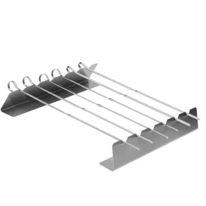 Stainless steel BBQ skewer set with rack, 12 pieces grilling tools for outdoor camping.