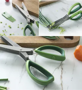 5-layer stainless steel herb scissors, multi-purpose kitchen tool for cutting scallions easily.