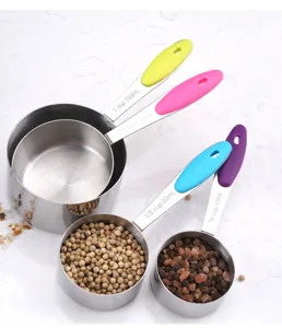 Stainless steel measuring cups set with colorful handles, ideal for kitchen baking.