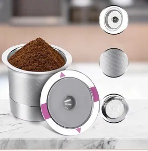 Reusable stainless steel K cup coffee filter for coffee maker with precision mesh lid.