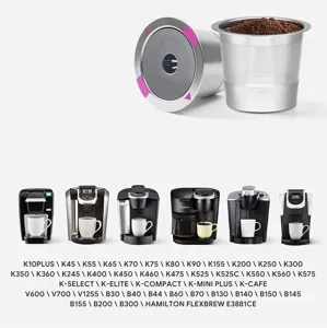 Stainless steel reusable K cup coffee filter capsule detail view with mesh and machine compatibility.