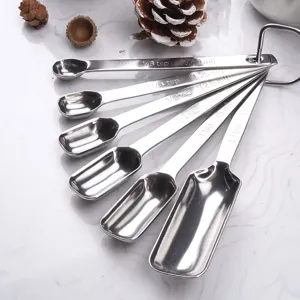 Stainless steel measuring spoons set of 6, square scoop design with clear volume markings for baking.