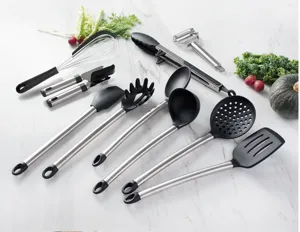 Silicone kitchen utensil set details, stainless steel handle, heat resistant cooking tools.